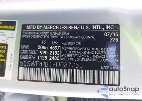 2015 Mercedes-Benz C 300 Luxury/Sport из США, поврежденный, VIN 55SWF4JB1FU087755